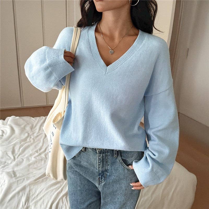 UZ Store V Neck Solid Color Long Sleeve Sweater: BUFF (pale yellow)
