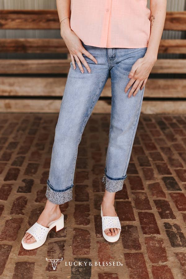LUCKY & BLESSED - Light Wash Mid Rise Rhinestone Cuffed Boyfriend Jeans