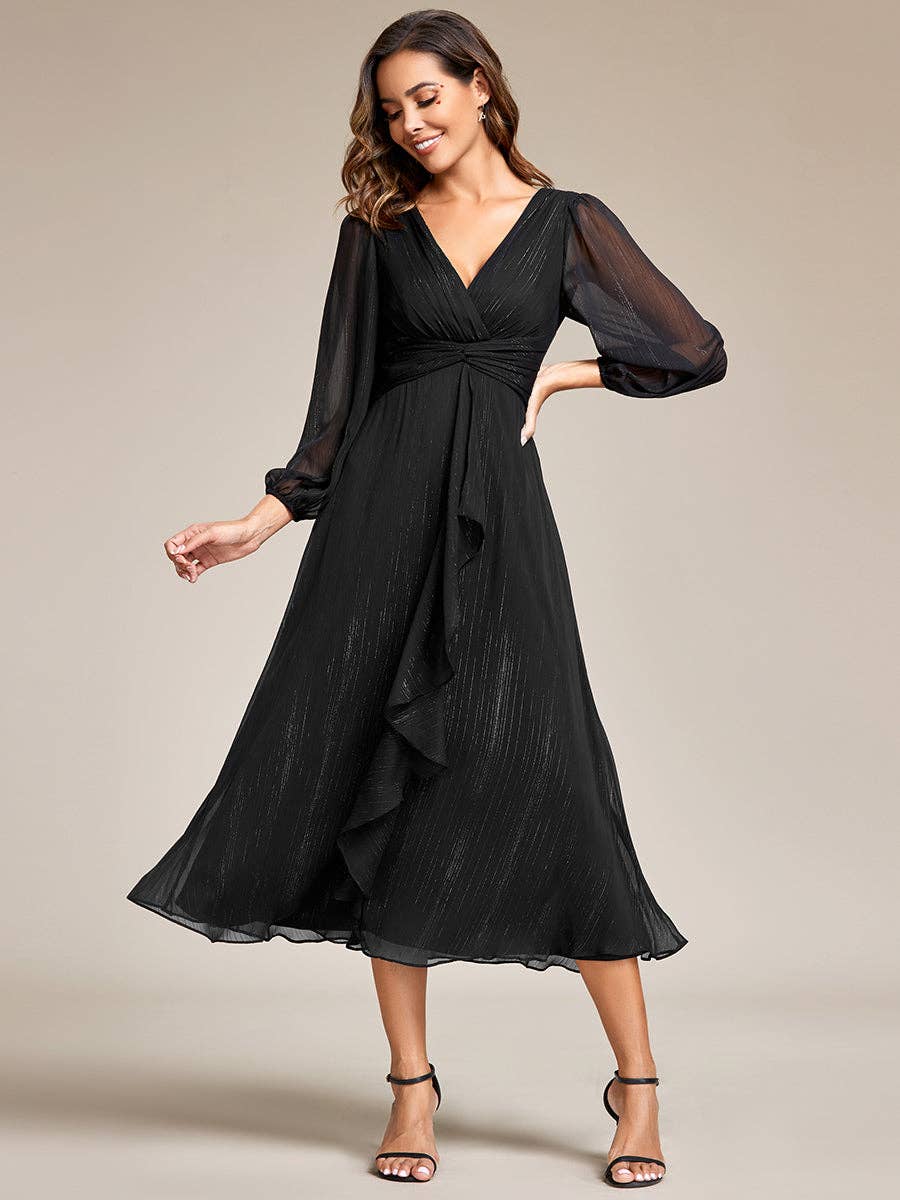 Ever-Pretty - Shiny Chiffon Wedding Guest Dress with Long Sleeve: Black / 12