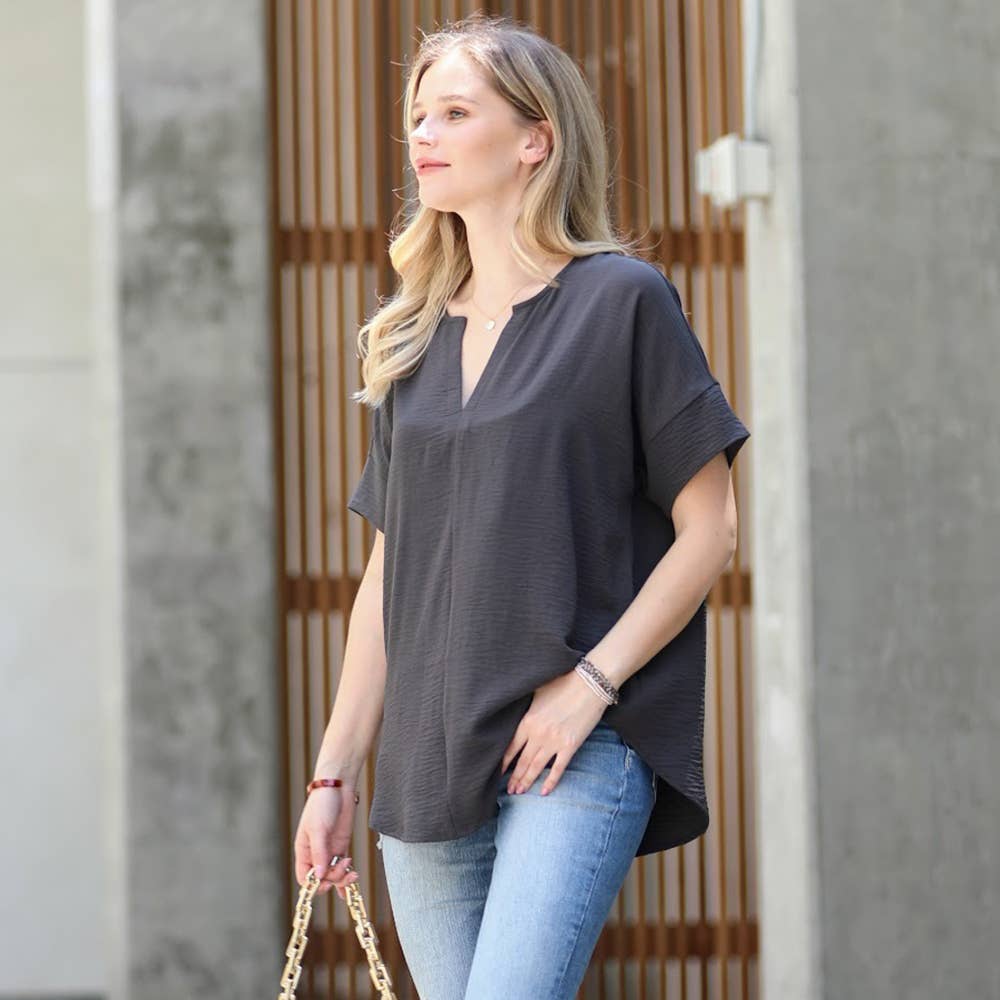42POPS -Woven Airflow Split Neck Short Sleeve Top in Mint