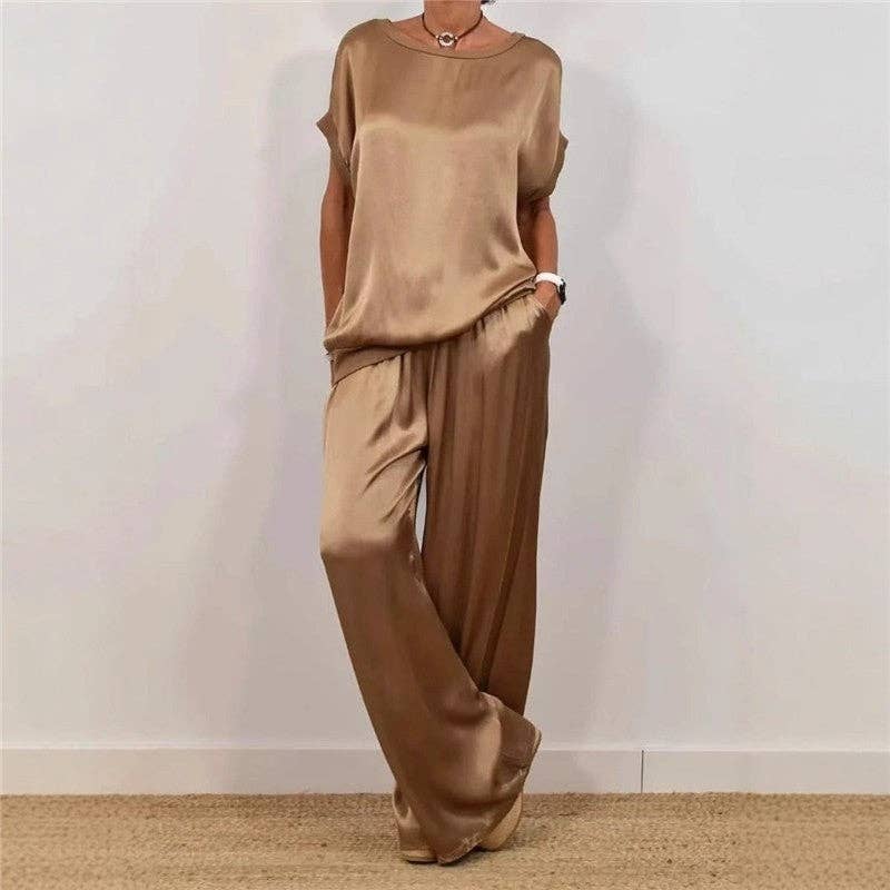 UZ Wholesale Store - Casual Pure Color Loose Tee Wide Leg Pants Set: BLACK / XL
