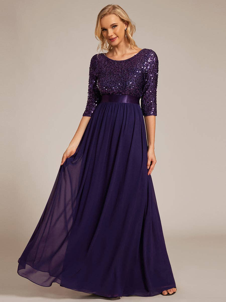 Ever-Pretty - Elegant Round Neckline Sequins Patchwork Dress: Navy Blue / 16