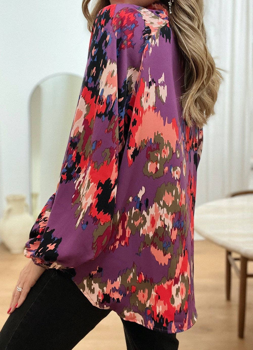 Secret Style Source - Painterly V-Neck Bubble Sleeve Top: Purple / M