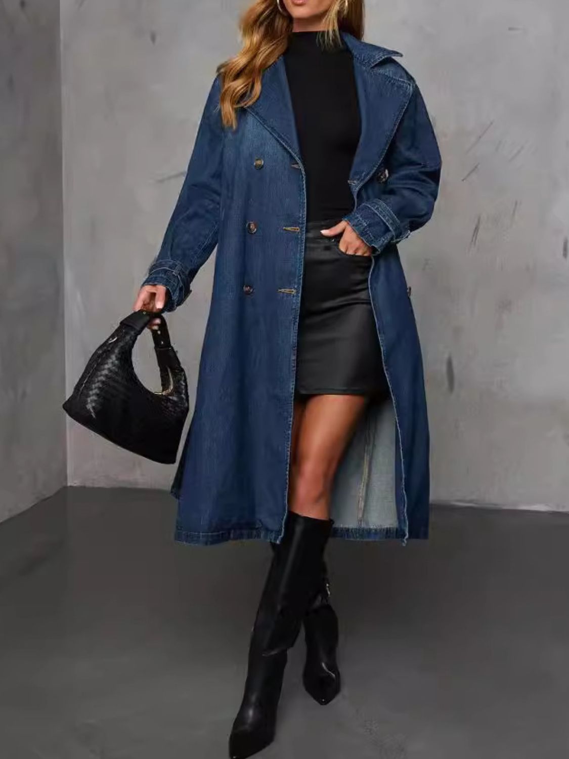 Button Up Long Sleeve Longline Denim Trench Coat