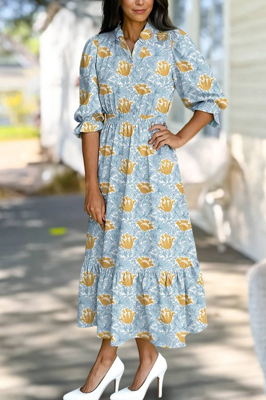 Aapparella - Floral Frilled V Neck 3/4 Sleeve Midi Dress | S-XL