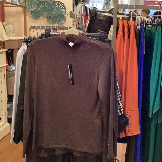 Joseph Ribkoff Knit Mock Neck Sweater with stud detail at neck & sleeve. Brown