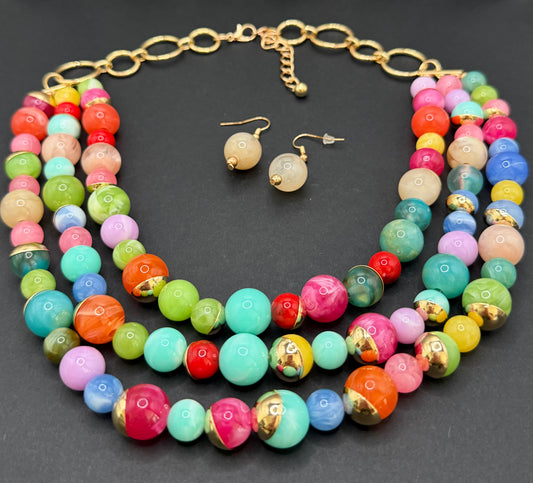 L & B Creations Triple Strand Multi-Color Necklace