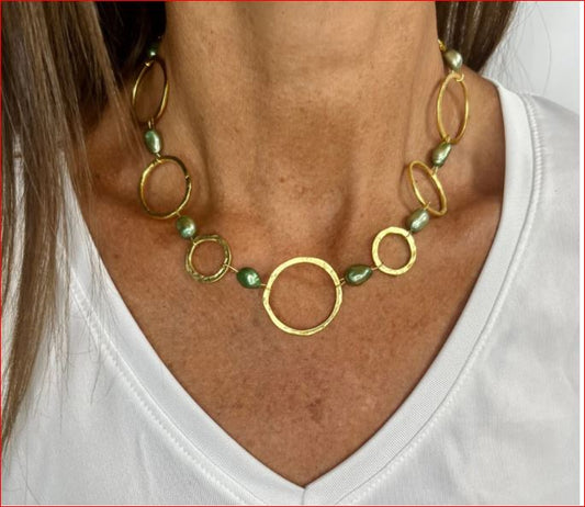 Karine Sultan Green Pearl and Hammered Gold Choker
