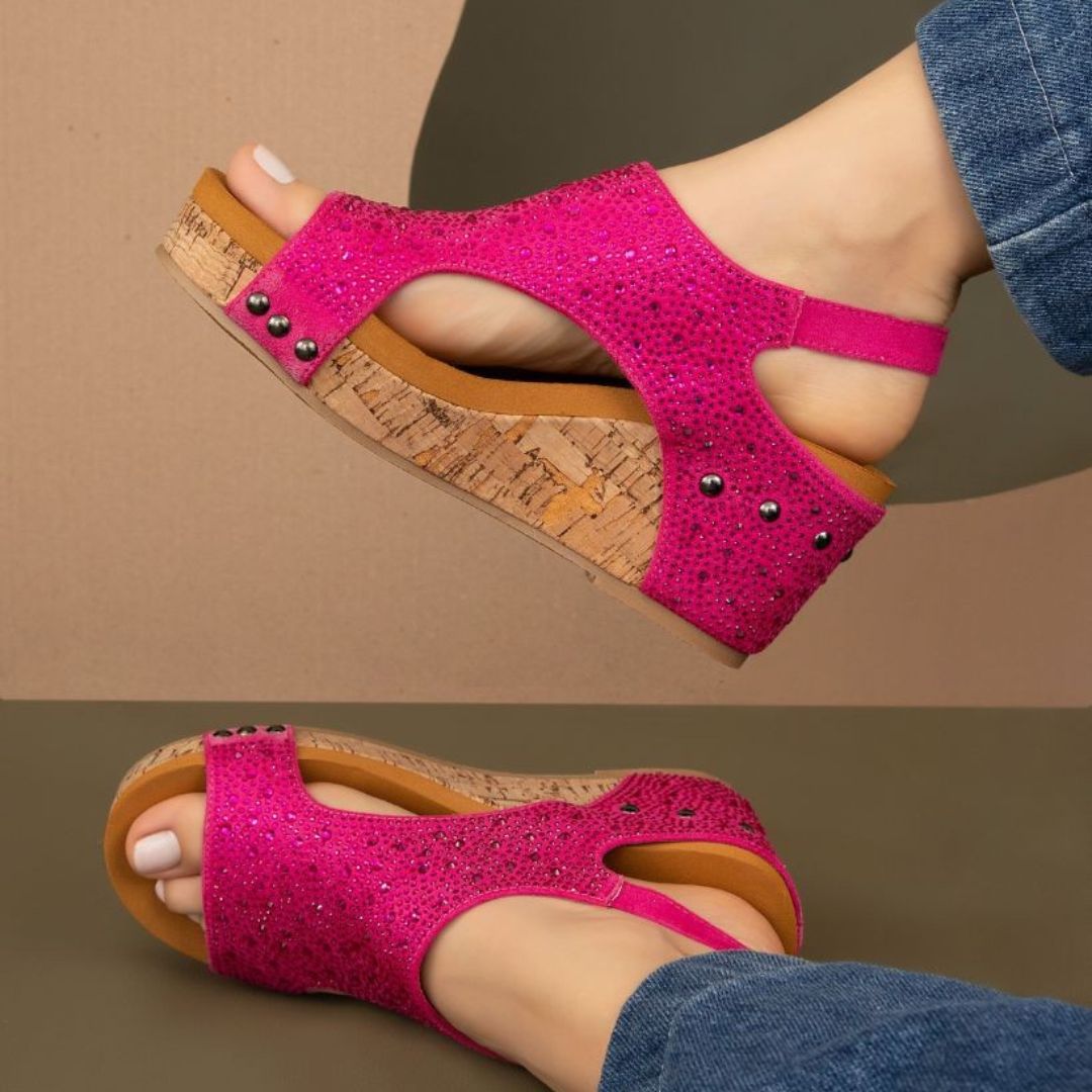 Barbara Crystal Slingback Wedge – Rhinestone Cork Platform in 3 Colors