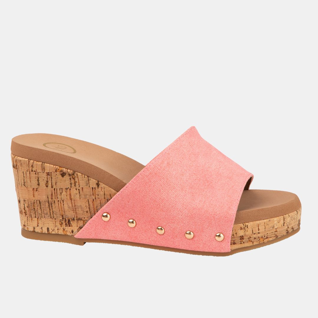 Blair Slide Wedge – Colorful Denim Crisscross Sandal with Cork Heel