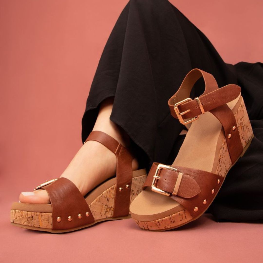 Romy Ankle Strap Wedge Sandal – Adjustable Buckle & Cork Platform in 3 Colors