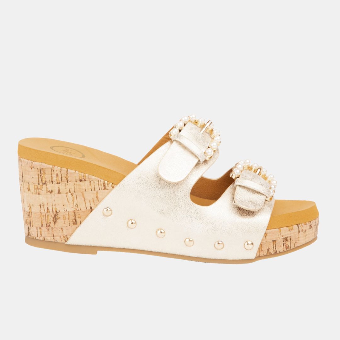 Brianna Pearl Buckle Wedge – Embellished Slide with Cork Heel in 3 Colors