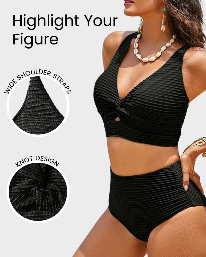 Textured Knot-Front High-Waisted Bikini Set