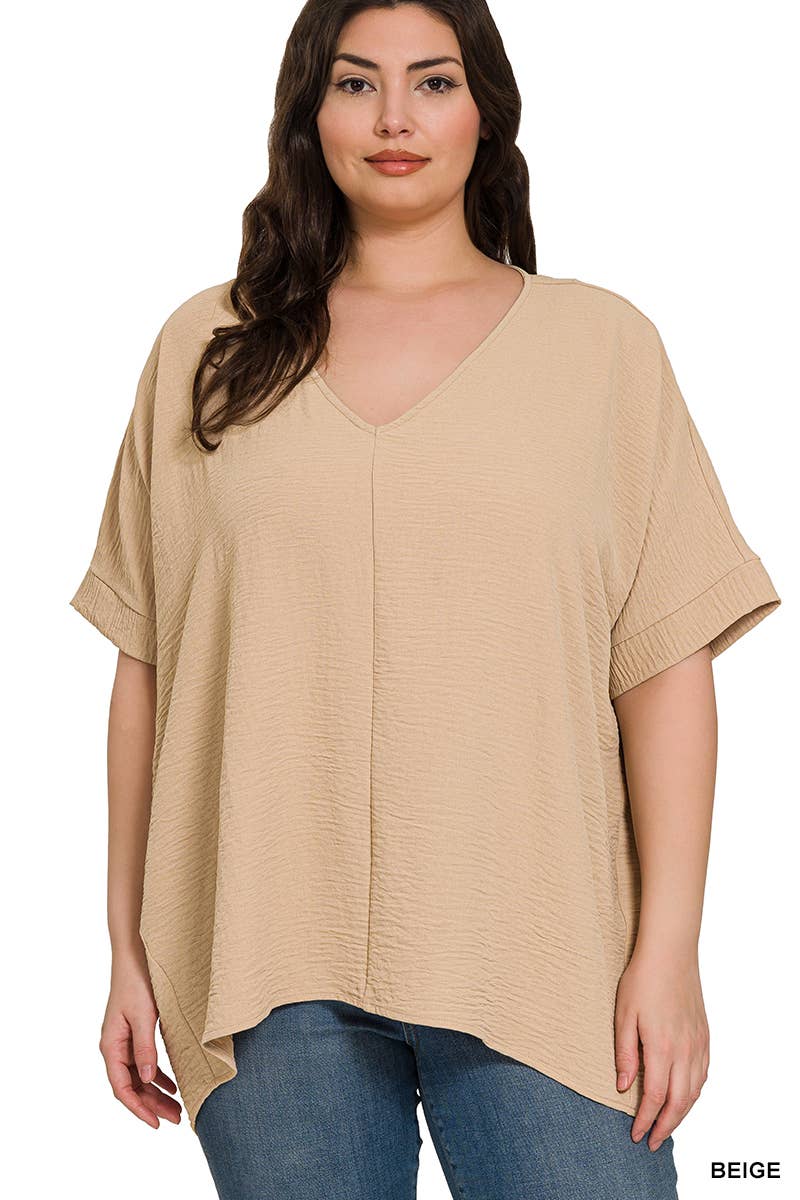 42POPS - PLUS SIZE WOVEN AIRFLOW V-NECK DOLMAN SHORT SLEEVE TOP: BLACK-152213 / 1X