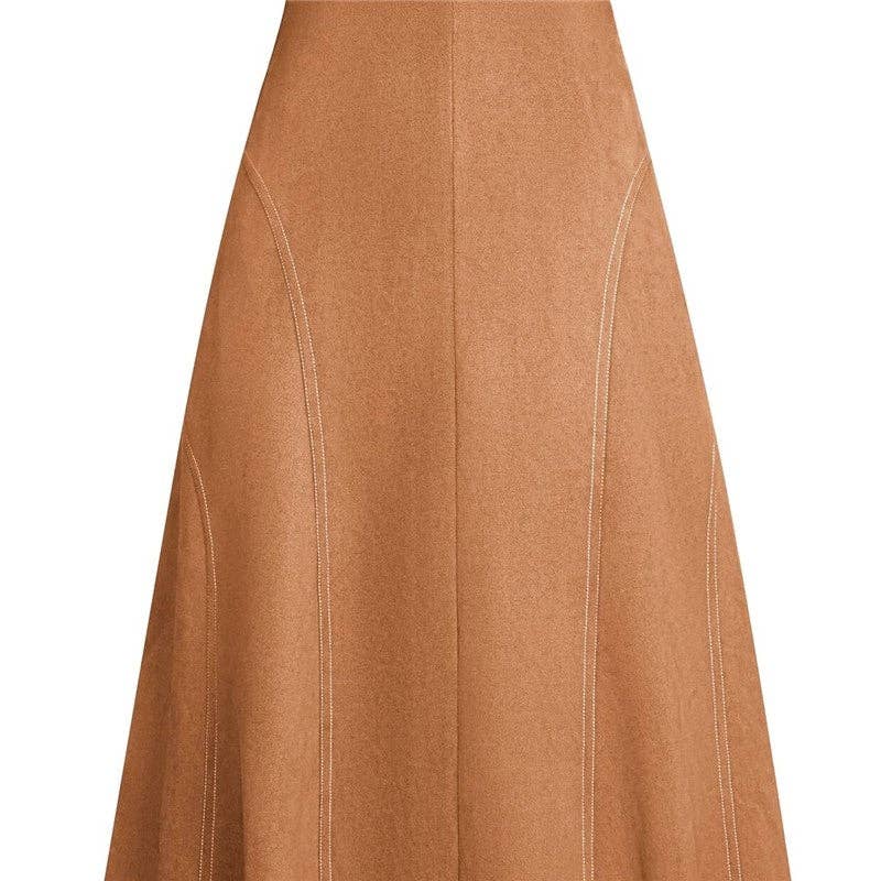 UZ Store - Suede High-Waisted Midi Skirt: Cognac