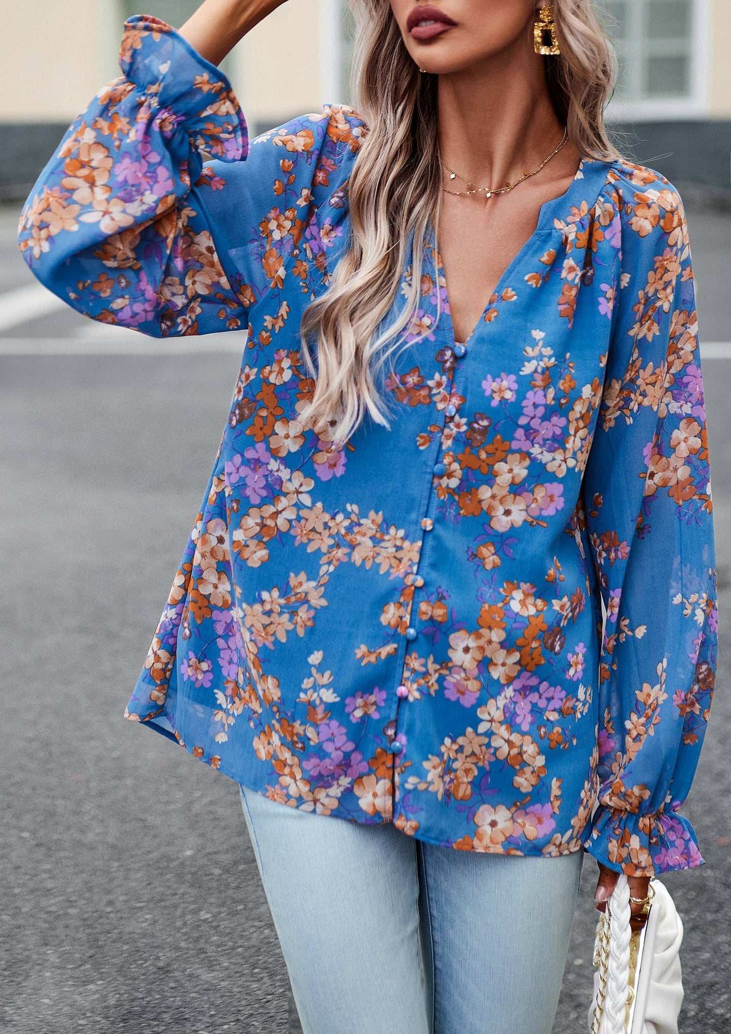 ePretty - Floral Button Down Long Sleeve Blouse SZ25-TP32012: Beige / XL