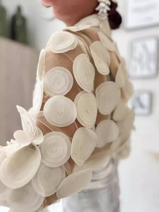 UZ Wholesale Sheer Mesh Embroidered Long Sleeve Shirt: L