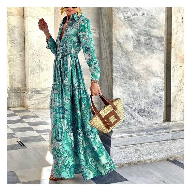 Legacy Stitchin Elegant Lace-Up Maxi Dress with Printed Long Sleeves: BLUE / M