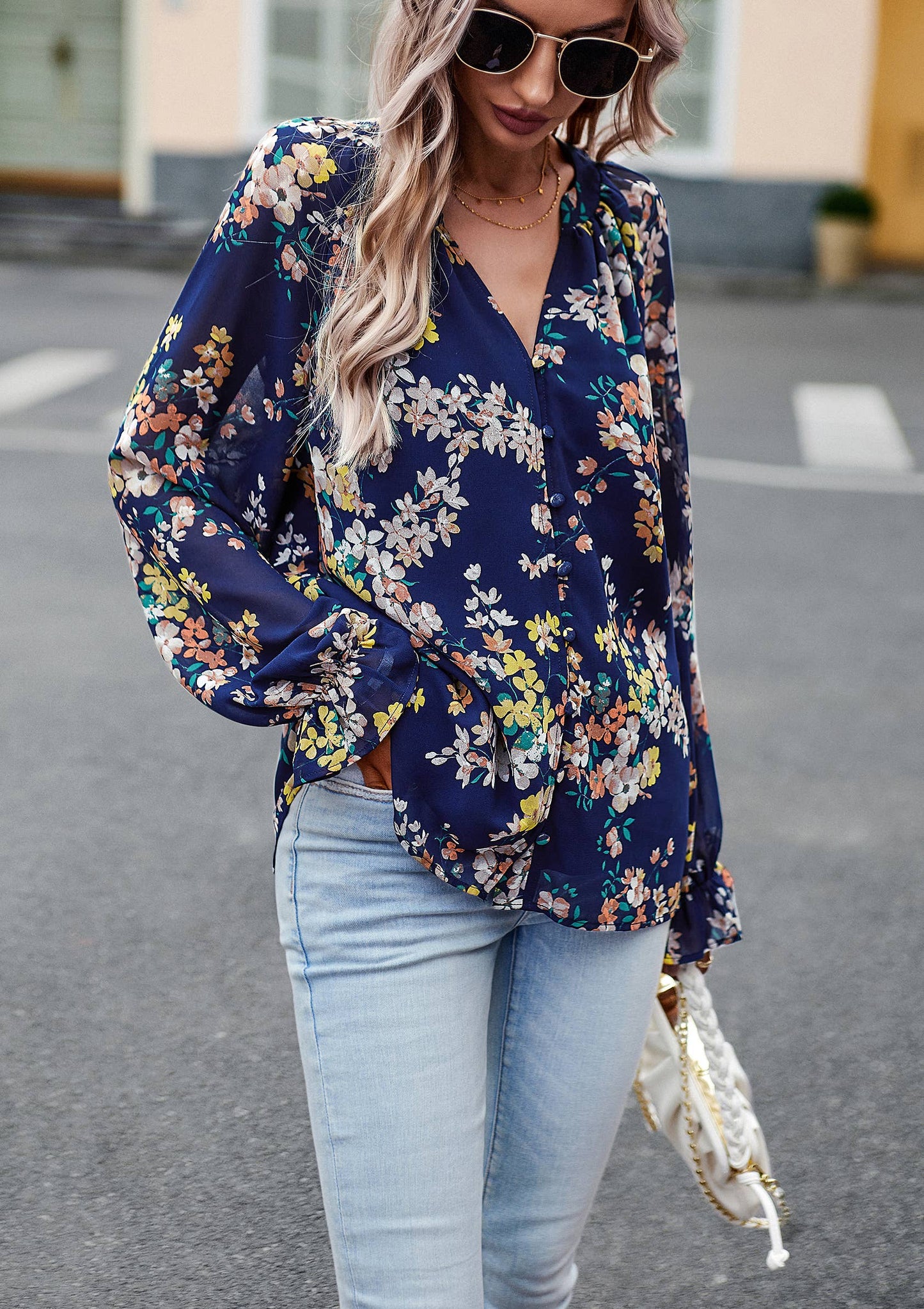 ePretty - Floral Button Down Long Sleeve Blouse SZ25-TP32012: Beige / S