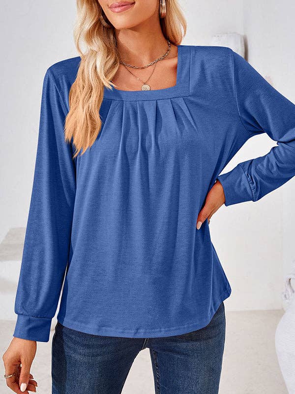 UZ Wholesale Store - Long Sleeves Loose Pleated Solid Color Square-Neck T-Shirts Tops: PINK / M