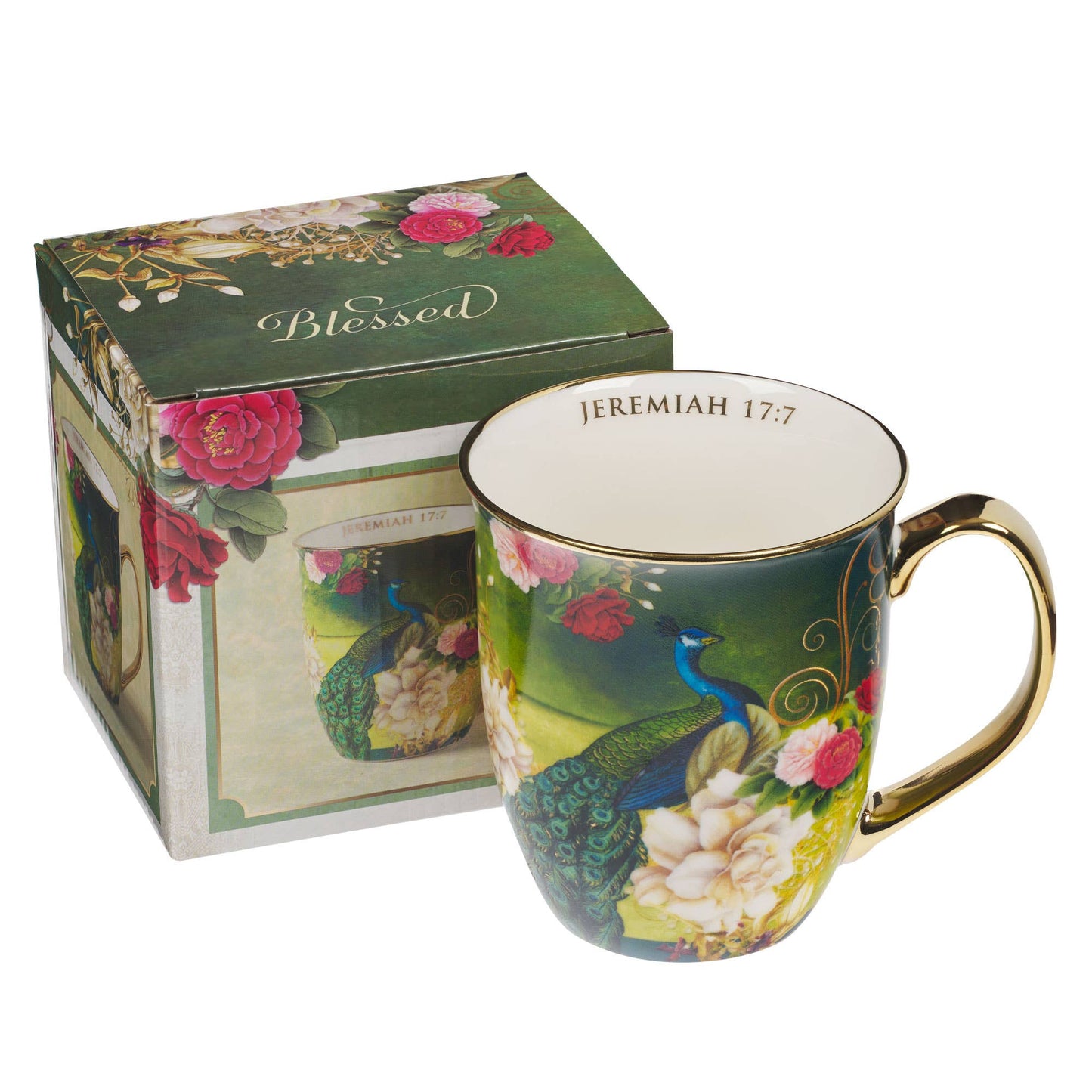 Christian Art Gifts - Mug Blue/White Peacock Blessed Jer. 17:7