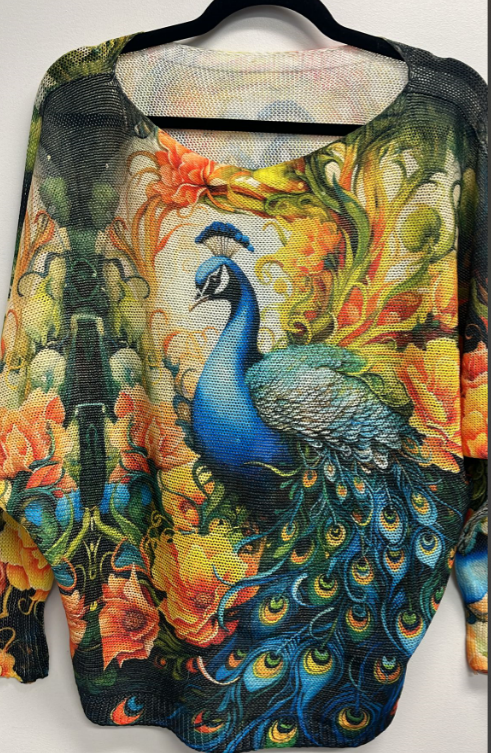 LOOWIE Italian OSFM Peacock Knit Printed Sweater
