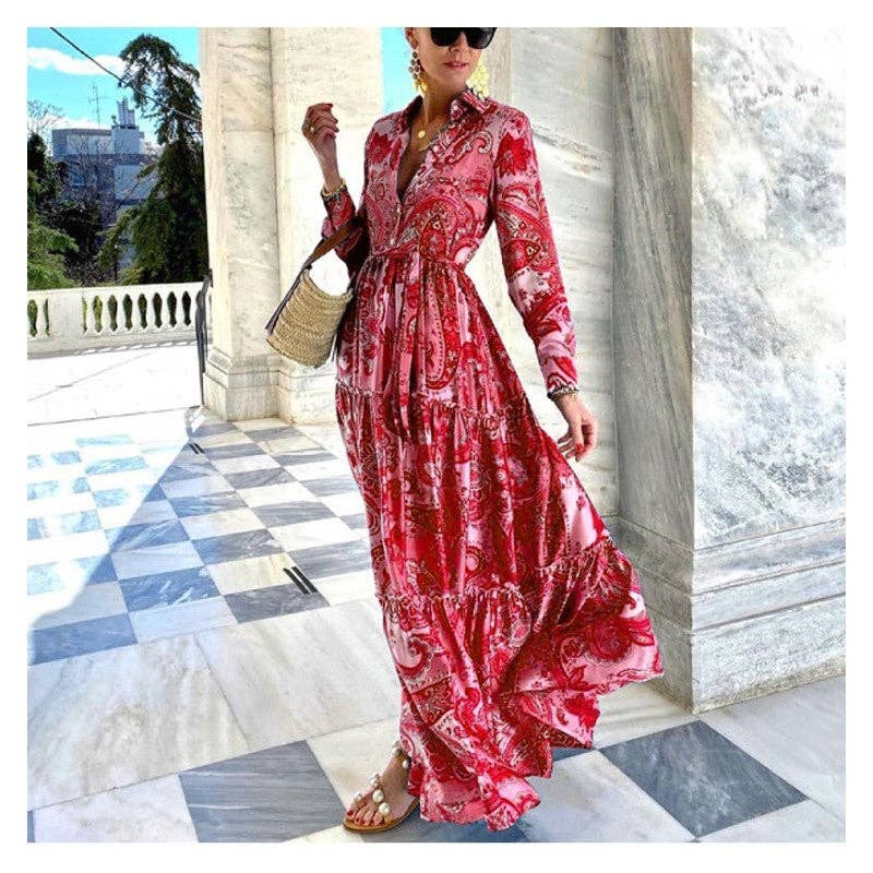 Legacy Stitchin' Elegant Lace-Up Maxi Dress with Printed Long Sleeves: BLUE / XL