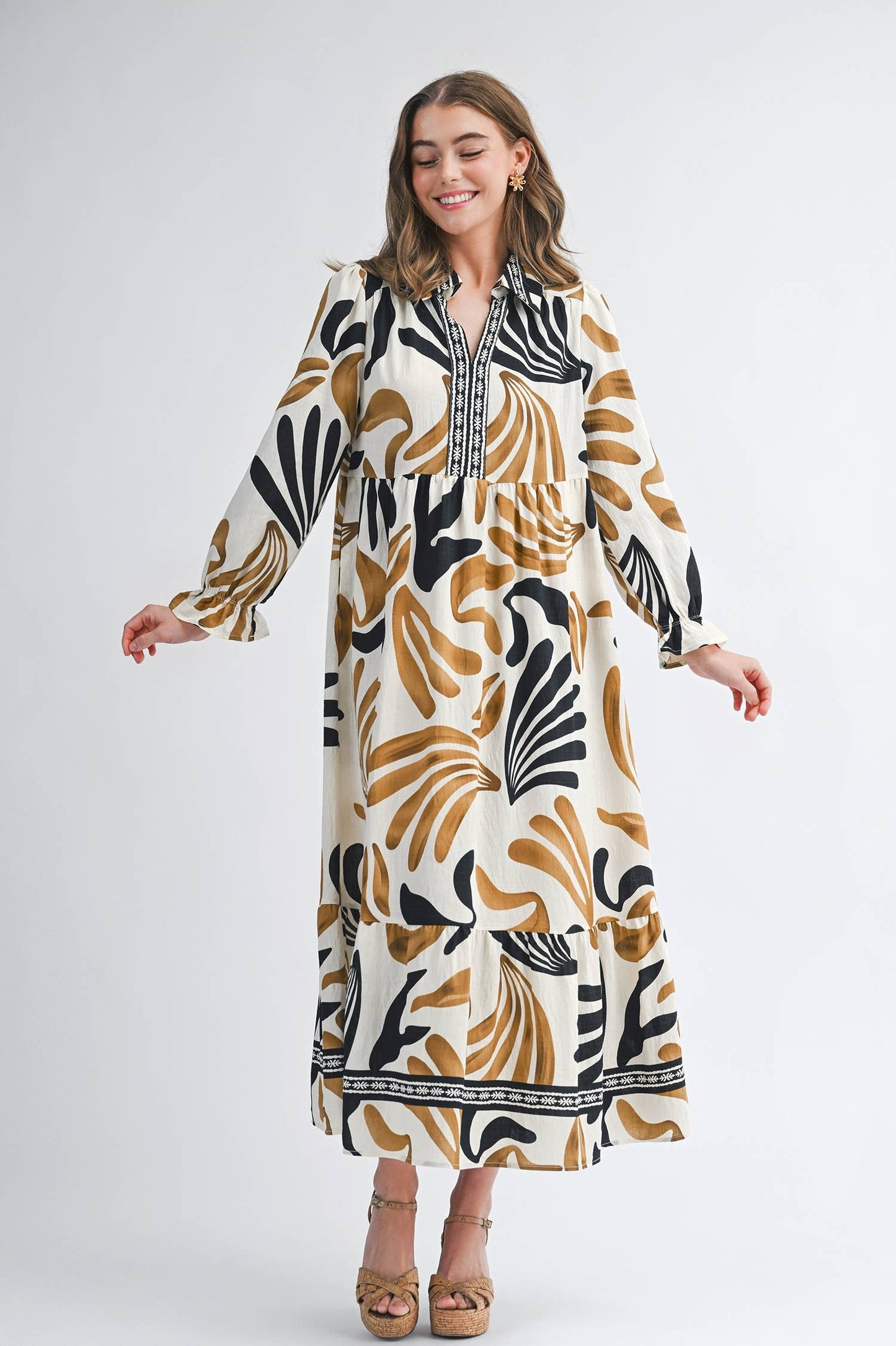 Aapparella - Abstract Long Sleeve Ruffle Hem Maxi Dress | S-XL