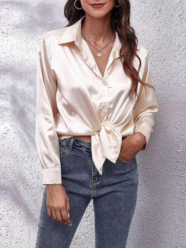 UZ Wholesale Store - Solid Color Long Sleeves Loose Lapel Blouses: WHITE / S