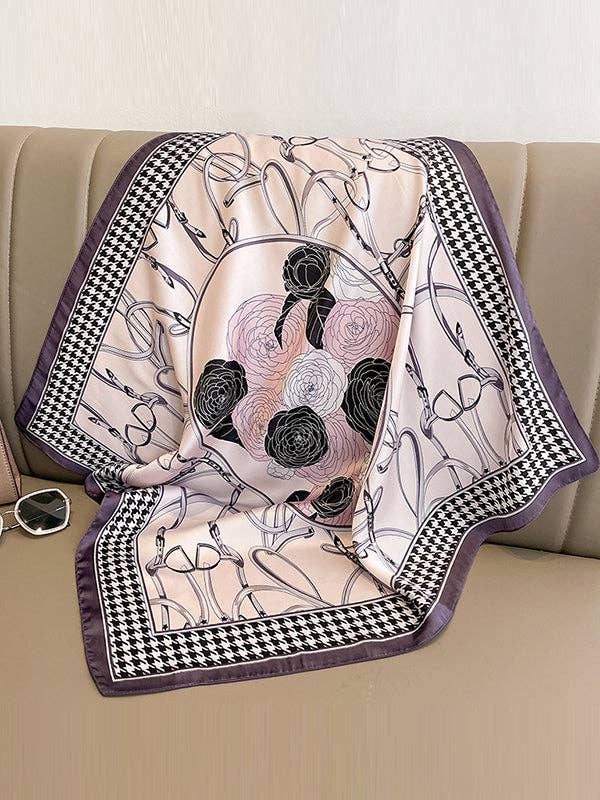 U.Z. Flower Print Houndstooth Scarf: PURPLE