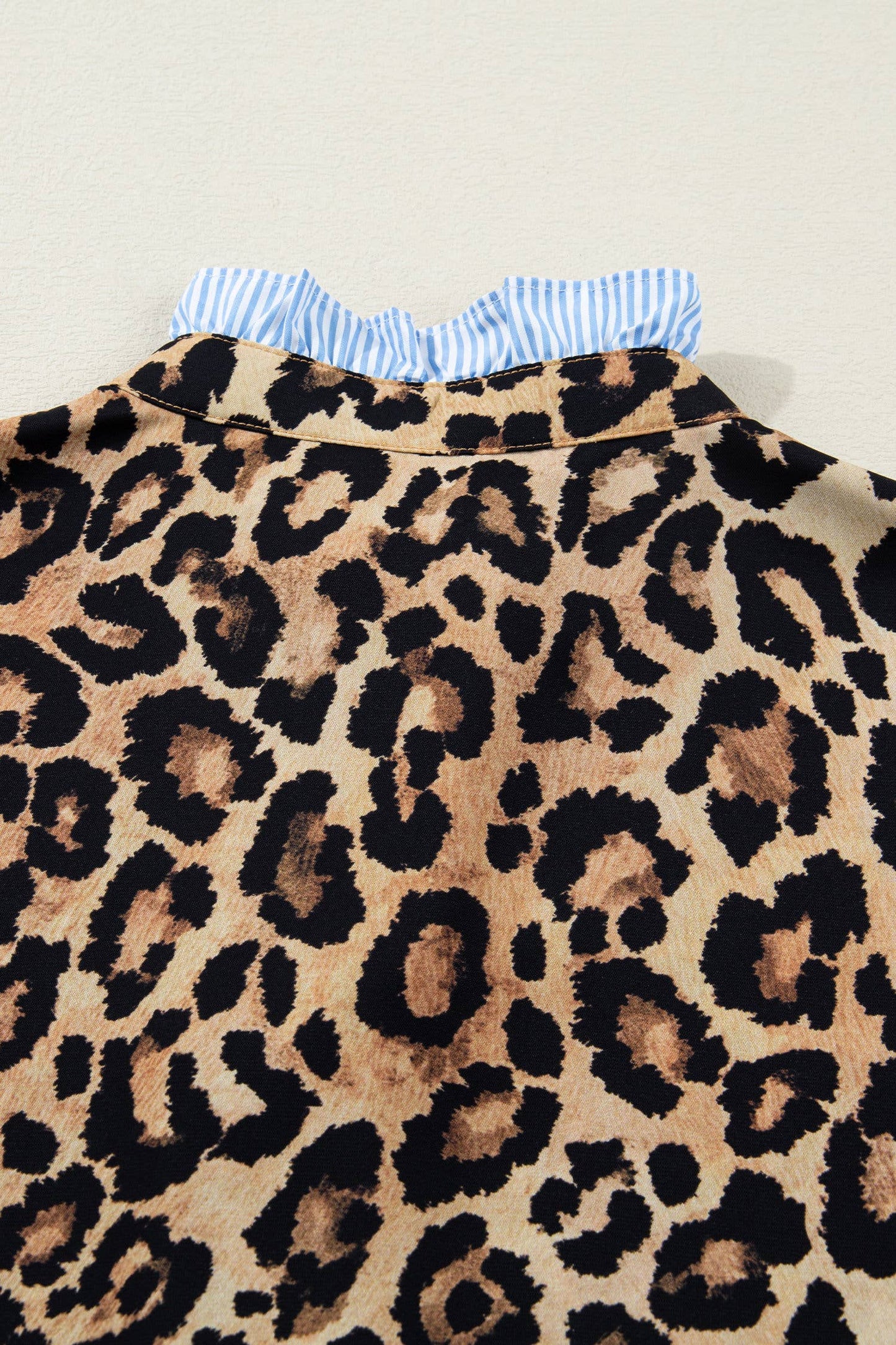 66DISCO - Leopard Print Stripe Frilled Mock Neck Shirt (S-XL): Brown / Missy / M