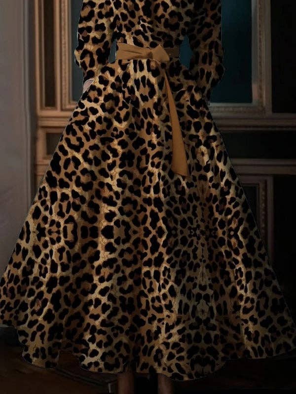Sheer Trend - High Waisted Long Sleeves Bandage Leopard Pockets Stand Collar Maxi Dresses: KHAKI / 2XL