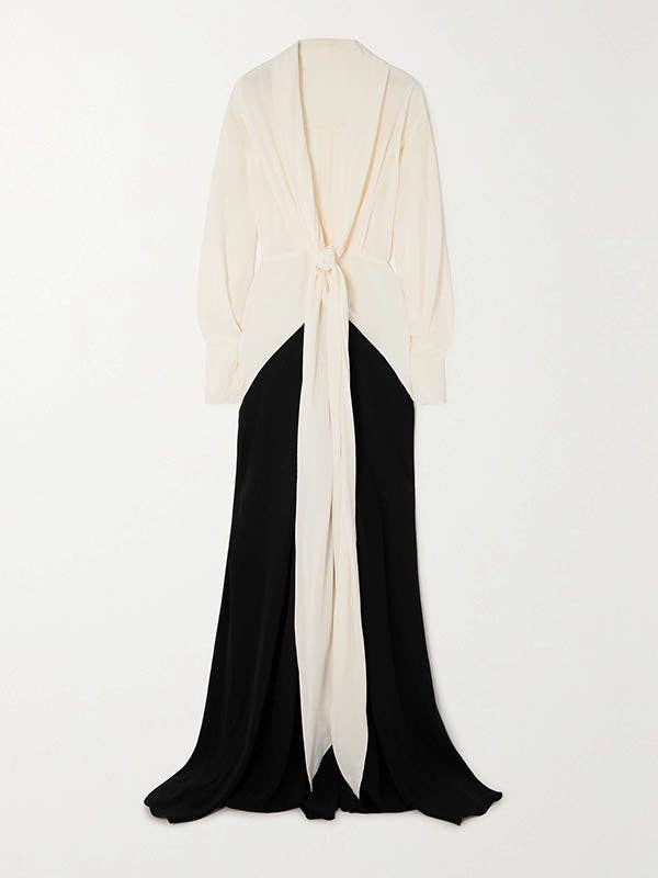 FurDecoration - Long Sleeve Loose V-Neck Maxi Dress with Contrast Color: BLACK WHITE / S