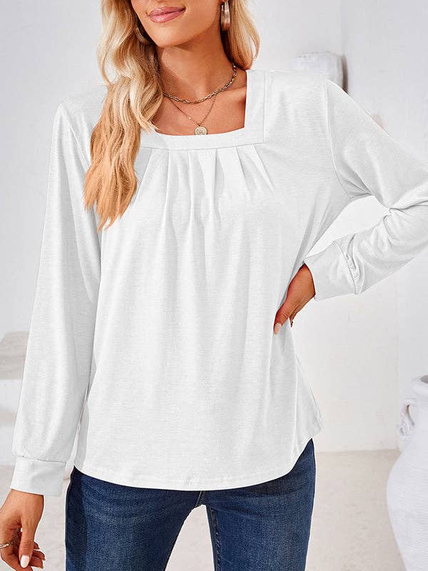 UZ Wholesale Store - Long Sleeves Loose Pleated Solid Color Square-Neck T-Shirts Tops: PINK / S