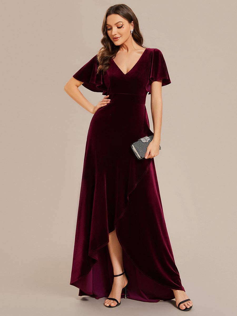 Ever-Pretty - High-low V Neck Evening Dress with Short Sleeves: Dark Purple