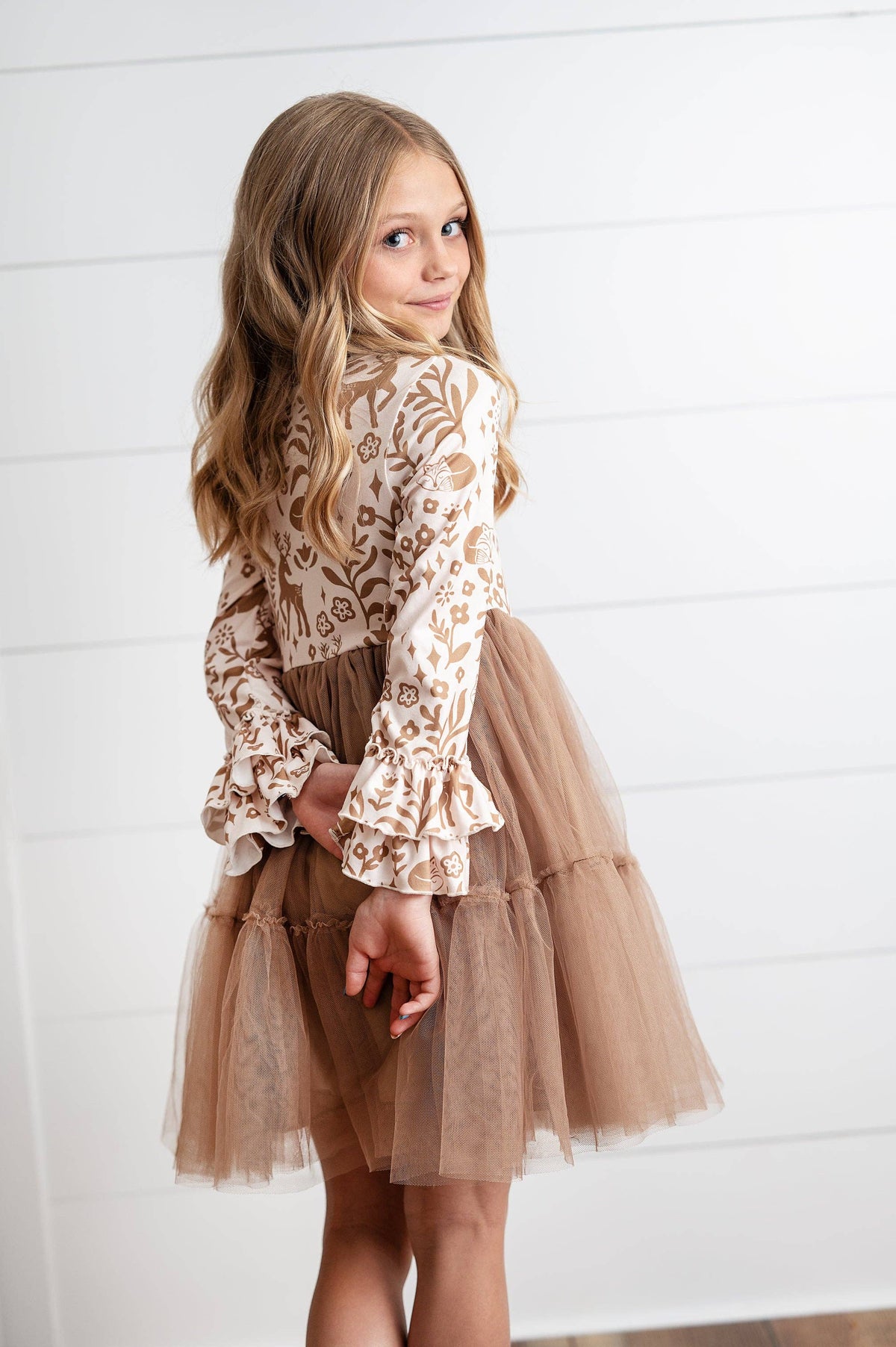 Oopsie Daisy - Kids Fall Winter Woodland Deer Tulle Ruffle Sleeve Dress: 7/8