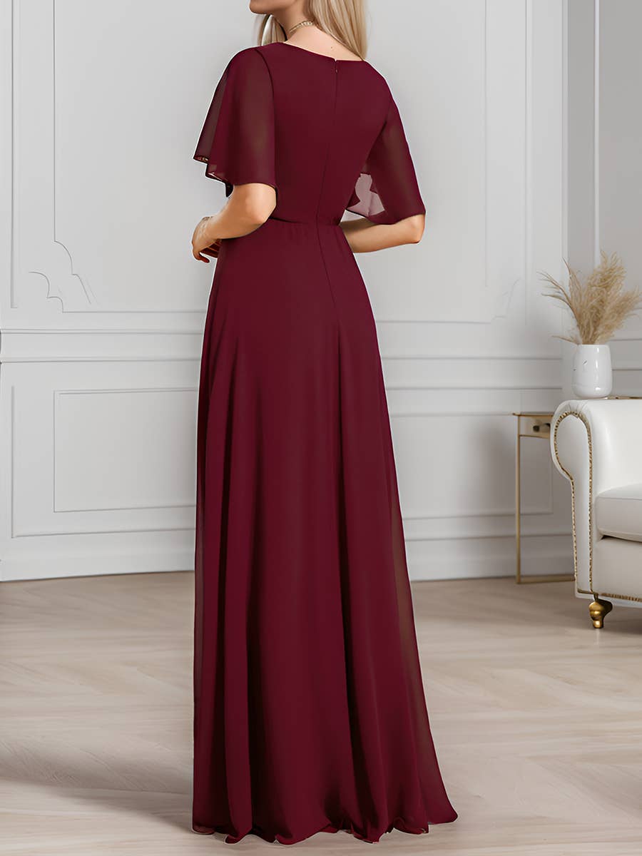 Ever-Pretty - V Neck Appliques Pleated Bridesmaid Dress: Burgundy / 12