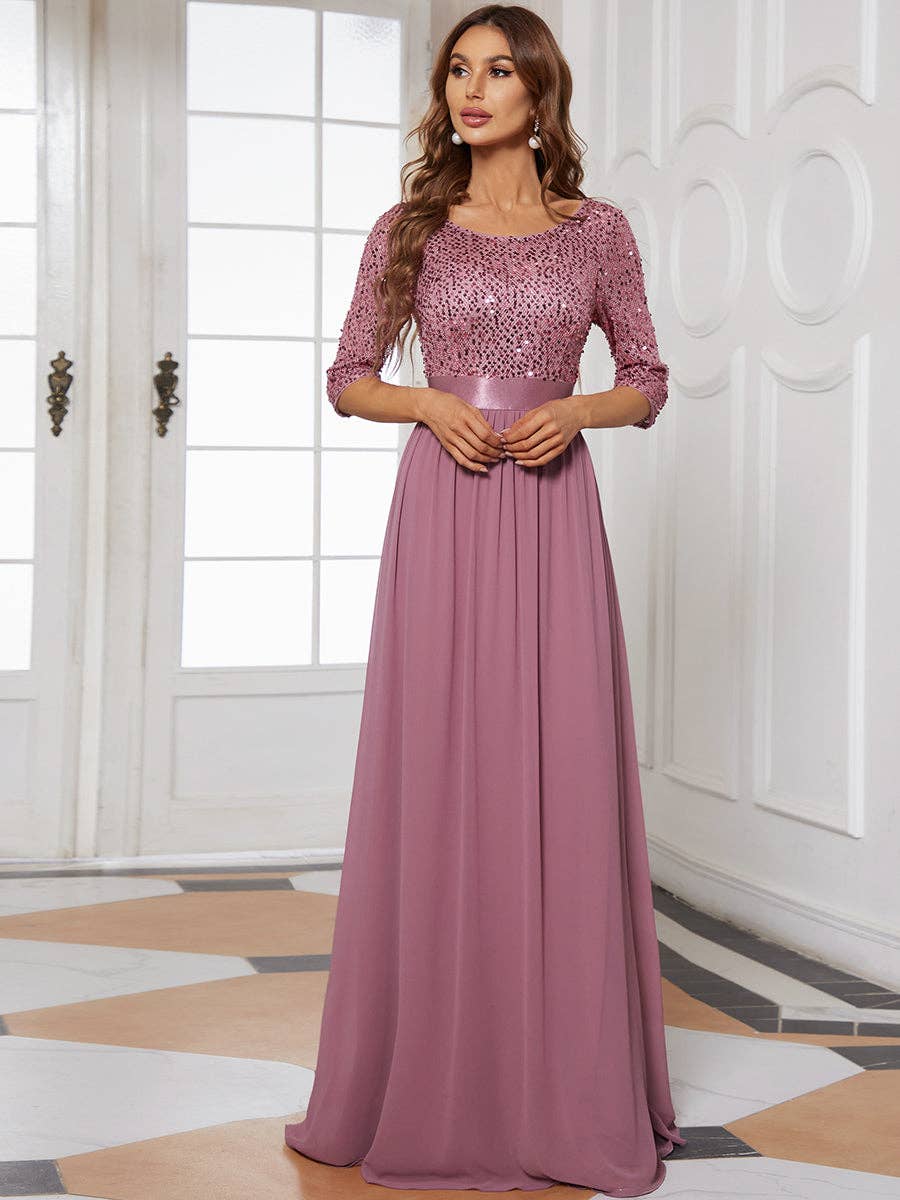 Ever-Pretty - Elegant Round Neckline Sequins Patchwork Dress: Navy Blue / 16