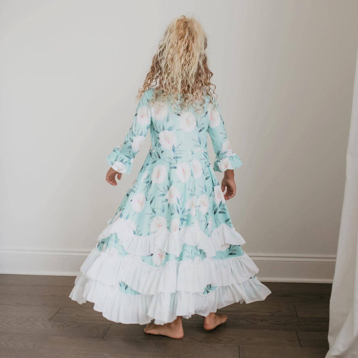 Oopsie Daisy - Kids Winter Mint Floral Long Sleeve Fall Ruffles Dress: 7/8