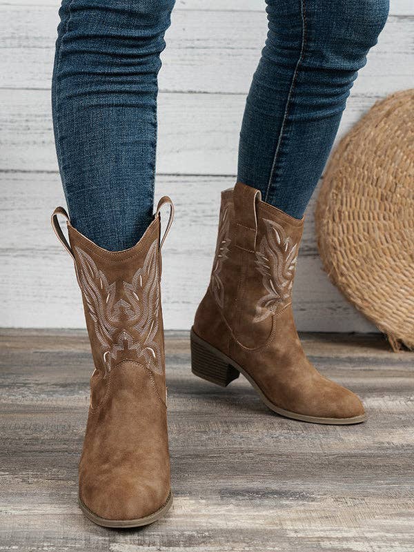 UZ Wholesale Store - Embroidered Round-Toe Split-Joint Boots Pumps: CAMEL / US 6 | EU 36 2/3 | UK 4 | CN 36