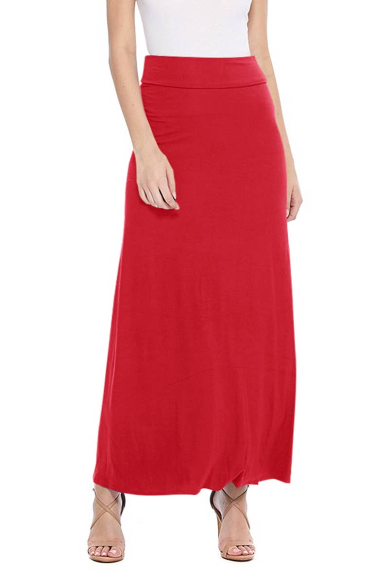 MOA COLLECTION - Solid Color Basic Casual Knit Long Maxi Skirt: Burgundy / XXXL