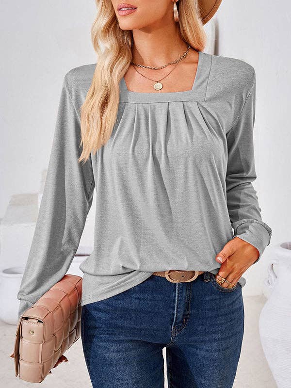 UZ Wholesale Store - Long Sleeves Loose Pleated Solid Color Square-Neck T-Shirts Tops: PINK / M