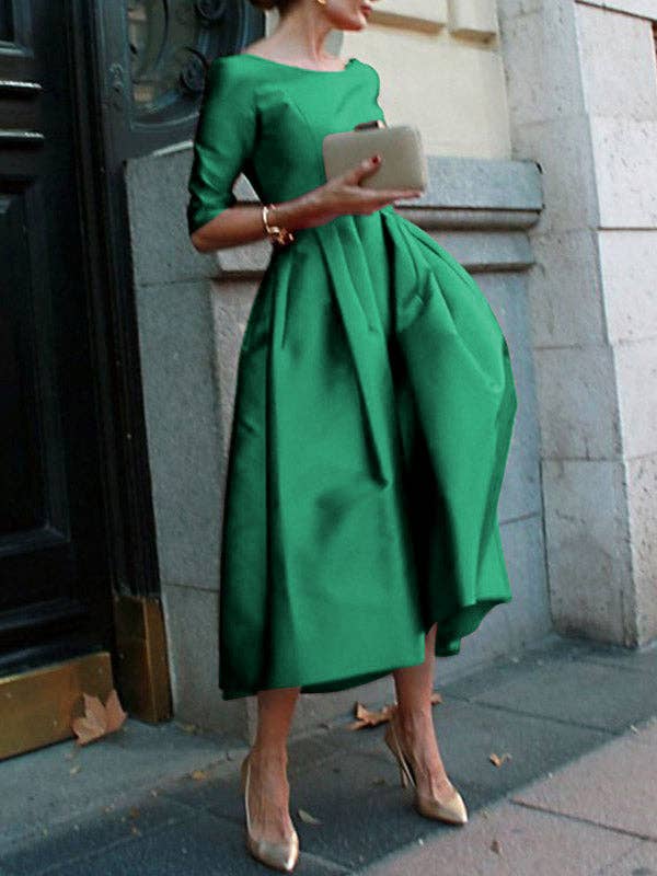 Sheer Trend - A-Line Loose Pleated Pockets Solid Color Split-Joint Round-Neck Midi Dresses: L / GREEN