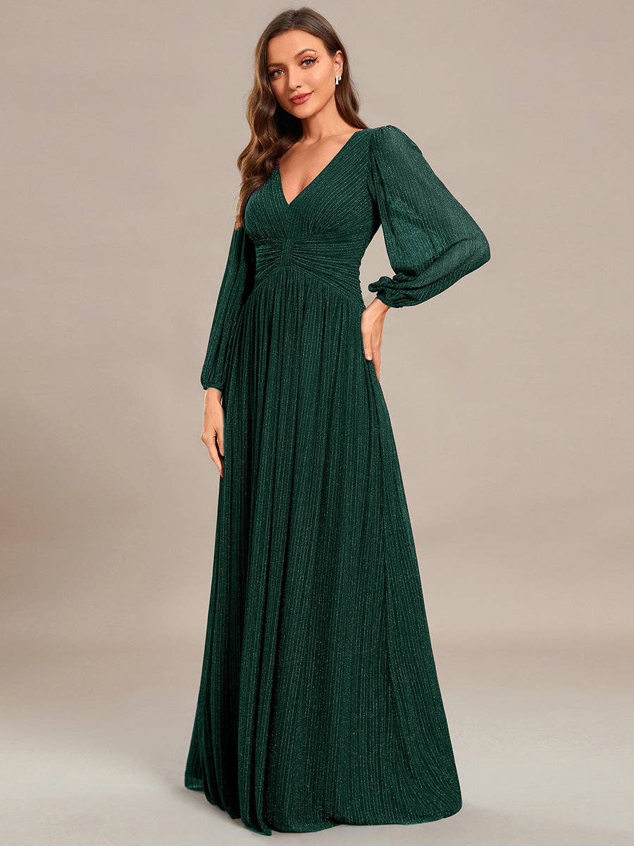 Ever-Pretty - Maxi Long Chiffon Waist V Neck Long Sleeves Evening Dress: Burgundy / 14