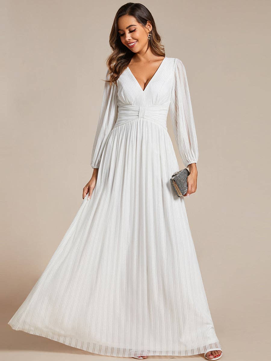 Ever-Pretty - Maxi Long Chiffon Waist V Neck Long Sleeves Evening Dress: Burgundy / 14