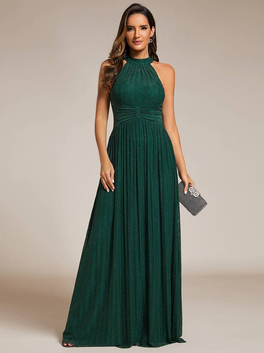 Ever-Pretty - Glittery Halter Neck Pleated Formal Evening Dress: Dark Green / 12