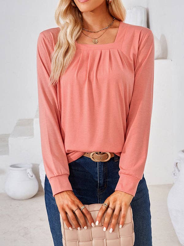 UZ Wholesale Store - Long Sleeves Loose Pleated Solid Color Square-Neck T-Shirts Tops: PINK / 2XL
