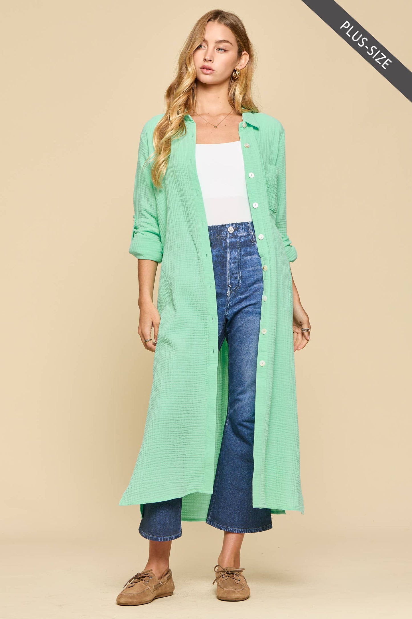 Dear Scarlett  Breathable Cotton Button-Down Duster: PEACH SORBET