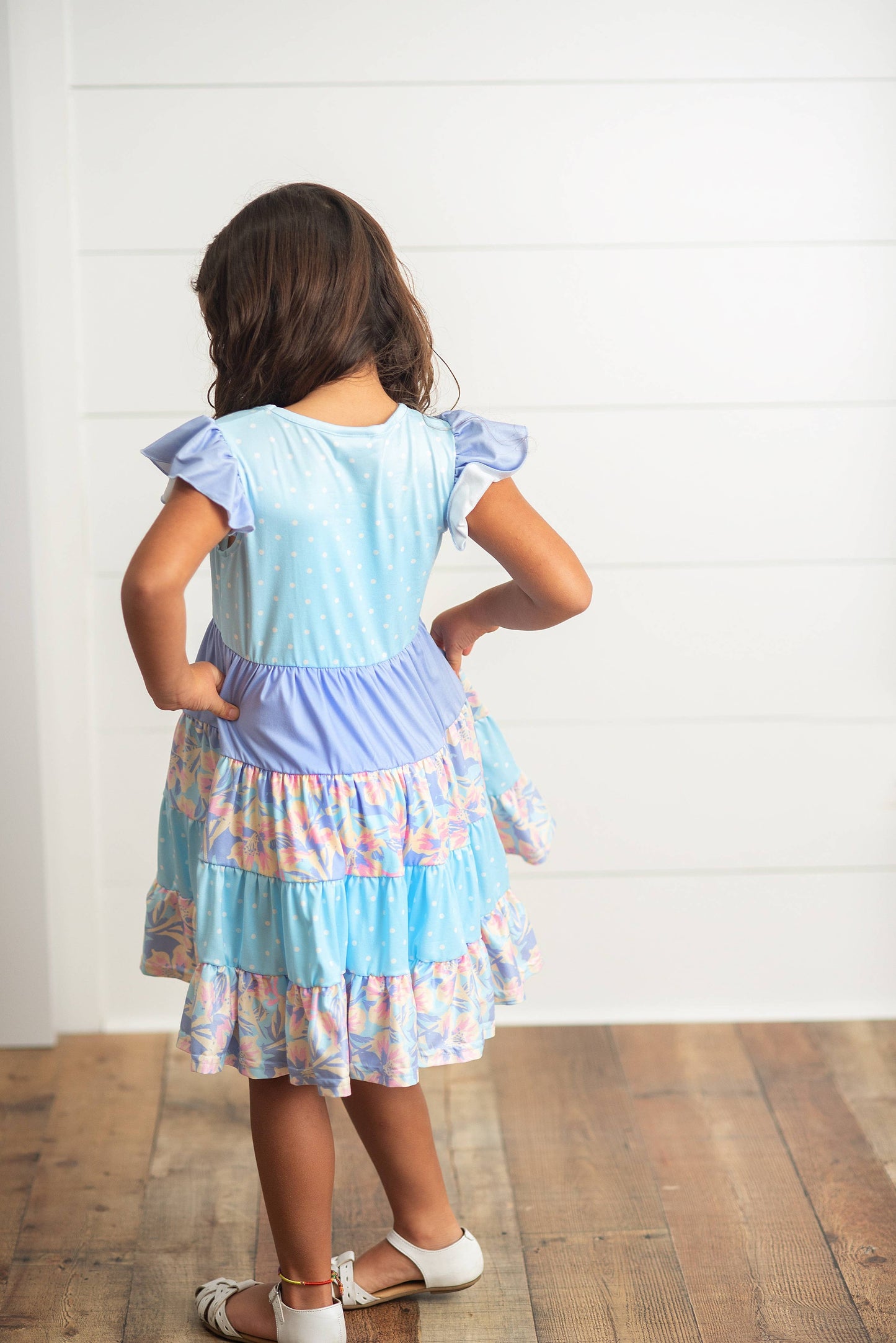 Oopsie Daisy - Kids Blue & Purple Polka Dot Floral Tiered Spring Dress: 5/6