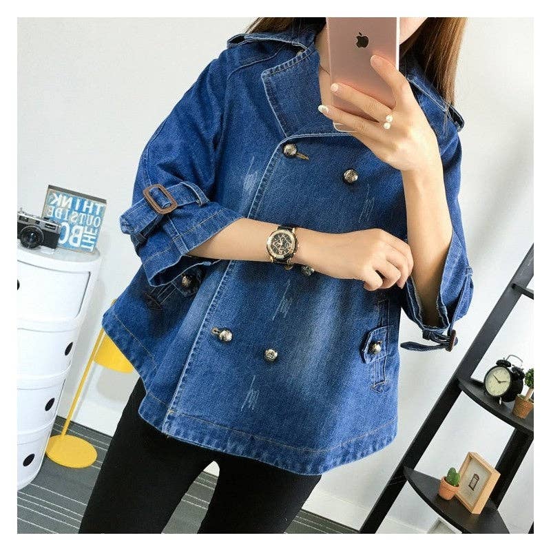 UZ Store - Double Breasted Denim Jacket Dark Blue